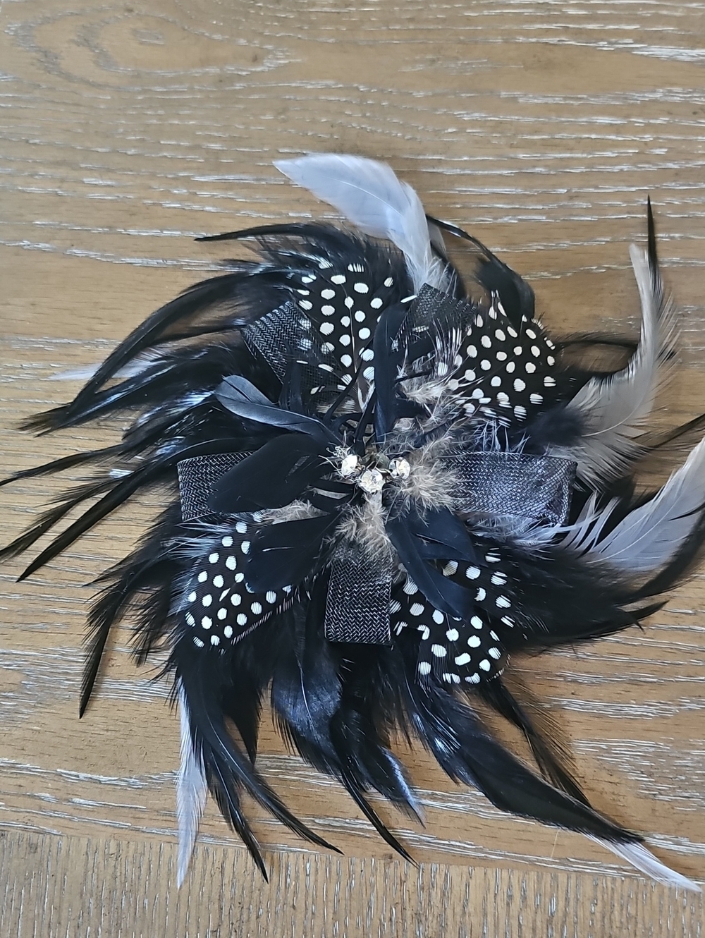 Black Feather Flower Brooch with Polka-Dot Accent